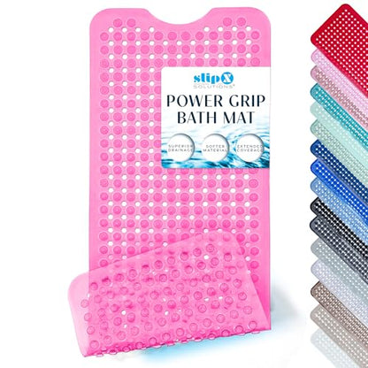 SlipX Solutions 39"x16" Power Grip Non Slip Bathtub Shower Mat, Pink | Stronger Wet Surface Protection, Soft Under Foot, 265+ Suction Cups, Large Drainage Holes - color: Clear Pink