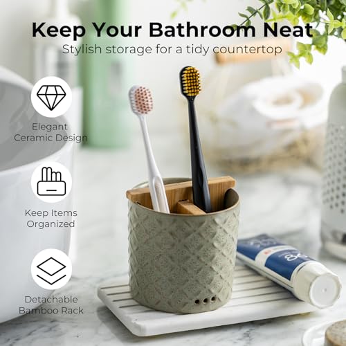 Zoeeker Toothbrush Holders for Bathroom with Drain Holes and Bamboo Divider | Ceramic Toothbrush and Toothpaste Holder, Detachable 3 Slots Electric Tooth Brush Cup Countertop Organizer for Family, Green - color: A-green