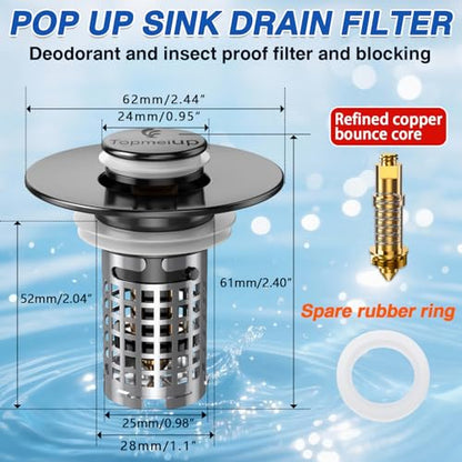 Bathroom Sink Drain Strainer(2PCS), Pop-up Sink Drain Strainer with Removable Stainless Steel Strainer Basket Hair Catcher, Bathroom Sink Strainer for Bathroom Sink Stopper Replacement - color: Black-2pcs