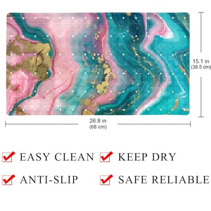 Shower Mat Bathtub Mat, 26.8x15.1 inch, Non-Slip Bath Mat with Drain, Quick Drying PVC Bathmat for Tub, Shower, Bathroom, Pink Teal Marble Texture - color: Multi 13