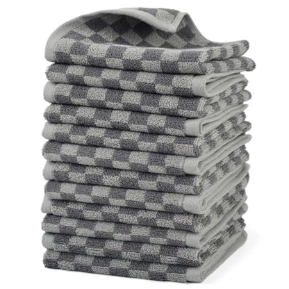 Super Soft Wash Cloths(Grey Checkered), 12 Pack Washcloths Facecloth | Cotton Face Towels Set for Body Showering 13x13 Inches, Gifts - color: Grey
