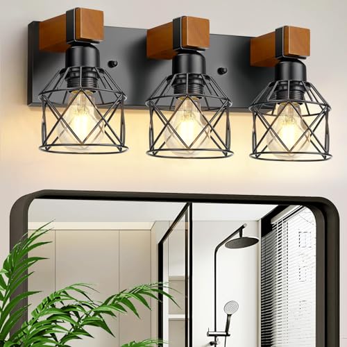 3-Light Farmhouse Vanity Lights for Bathroom, Rustic Wood Bathroom Vanity Lighting Fixtures Over Mirror, Vintage Black Wall Mounted Lamps with Metal Cage for Living Room, Bedroom, Hallway - size: 3-Light