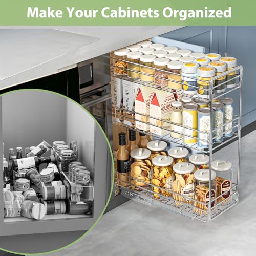 Pull Out Spice Rack Cabinet Organizer 8½" W x 20½" D, 3 Tier Heavy Duty Sliding Spice Cabinet Organization for Narrow Cabinet, Pull Out Shelves for Kitchen - size: 8½" W X 20½" D,3 Tier