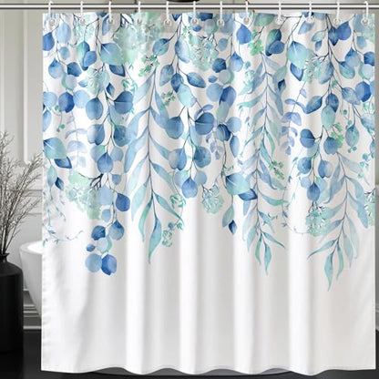 KAIRA Fresh Style Blue Eucalyptus Shower Curtain, Watercolor Plant Leaves with Floral Bathroom Shower Curtain,72 x 72 Inches, Easy to Clean Waterproof Polyester Fabric Includes 12 Hooks - color: Blue