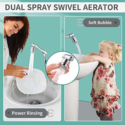 CECEFIN 1080°Rotating Faucet Extender Double Extension - Swivel Long Arm Robotic Faucet Aerator for Bathroom Kitchen Sink, Universal Spout Spray Attachment 2-Mode Outlet Face/Hair/Toddlers Hands Wash - color: E- Silver4- Long Arm Aerator