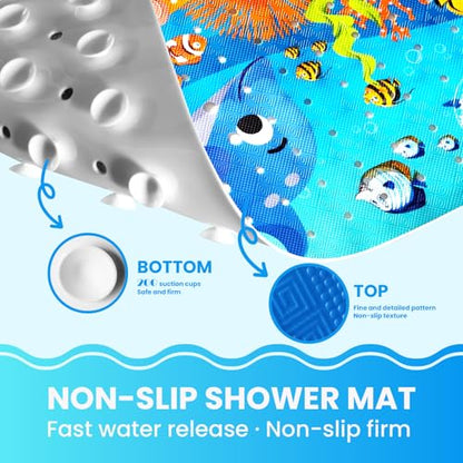 Baby Bath Tub Mat, 40 x 16 Inch Extra Large Non Slip Kids Cartoon Bathtub Shower Mats with Suction Cups & Drain Holes, Machine Washable for Bathroom, Undersea Dolphin - color: Undersea-dolphin