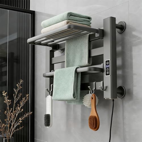 Towel Warmer Rack, Space Aluminum Electric Heated Towel Racks for Bathroom, 4 Bars Wall Mounted Bath Towel Heater with Built-in Timer&Temperature Adjustment, Plug-in, Gray - color: Gray