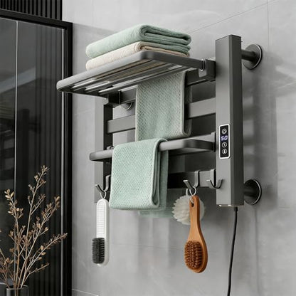 Towel Warmer Rack, Space Aluminum Electric Heated Towel Racks for Bathroom, 4 Bars Wall Mounted Bath Towel Heater with Built-in Timer&Temperature Adjustment, Plug-in, Gray - color: Gray