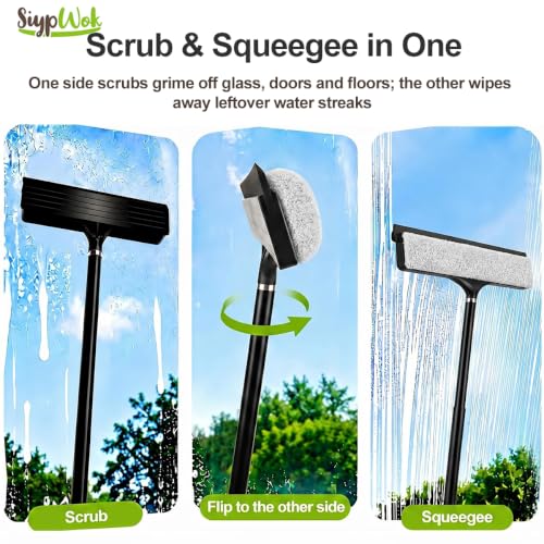 2 in 1 Window Squeegee with Adjustable Telescopic Pole, Shower Glass Squeegee for Indoor Outdoor Windows, Glass Doors, Shower Stalls, Car Windshield, Bathroom Tiles and Hard Floors