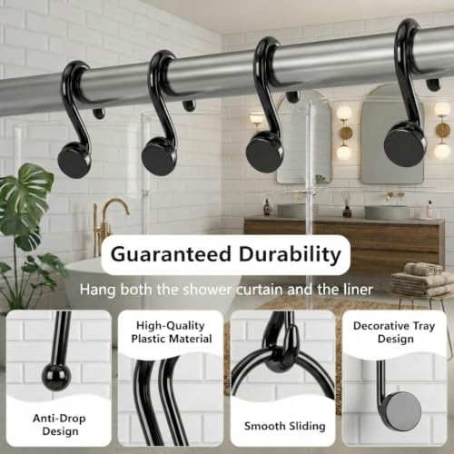 Bathway Plastic Shower Curtain Hooks, 12 Pcs, Black, Decorative Hooks | Waterproof, Rust-Proof, Sturdy, Wear-Resistant, Drop-Proof, Multifunctional, Easy to Install, Classic and Attractive - color: Black