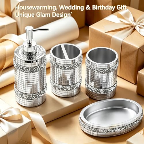 Silver Bathroom Accessories Set, Mosaic Decoration 4-piece Set | Deluxe silver mosaic bathroom 4-piece set,including soap dispenser,soap tray,toothbrush cup,partitioned toothbrush holder - size: 4 Pc Set