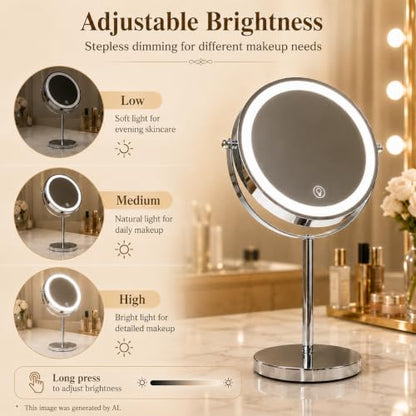 Ysenchan Lighted Makeup Mirror, 8'' Rechargable LED Vanity Magnifying Mirror, Double Sided 5X Manification Mirror with Stand, Cosmetic Standing Desk