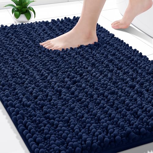 Yimobra Bathroom Rugs Non Slip Washable - Ultra Soft Absorbent Chenille Bath Mat, Quick Dry Shaggy Floor Carpet for Tub Shower, Navy Blue Home Decor Accessories, 24x17 Inch - color: Navy Blue, size: 24" X 17"