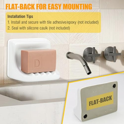 Shower Wall Soap Holder & Ceramic Soap Dish - Fits 4x4 Inch & Any Tile Walls, Heavy-Duty Flat-Back Design with Drainage Slope, No-Slip, Classic White
