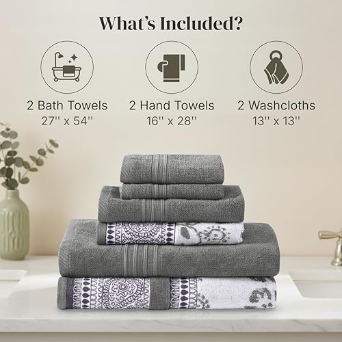 Modern Threads 6 Piece Bath Towel Set – Bathroom Set with 2 Bath Towels, 2 Hand Towels, and 2 Wash Cloths – 100% Cotton, Super Absorbent & Extra Soft – Reversible Floral Trail (Gray) - color: Gray
