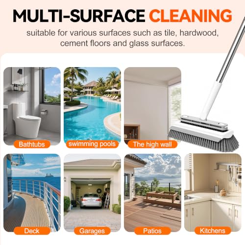3-in-1 Floor Scrub Brush with 55” Long Handle, V-Shape & Squeegee | V-shape head,built-in squeegee,removable detail brush,55" long handle,stiff bristles,180°rotating,3-in-1 floor scrub brush