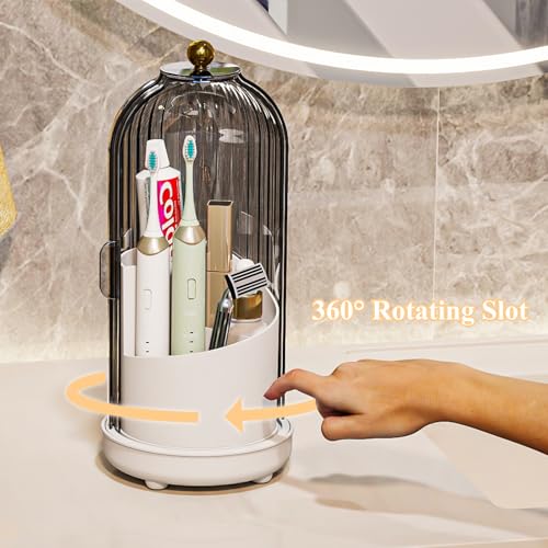 Drainable Toothbrush Toothpaste Holders with Cover, Grey White | Drainage Holes, Waterproof and Dustproof, 360° Rotating Base, Sliding Door, for Bathroom Counter - color: Grey White