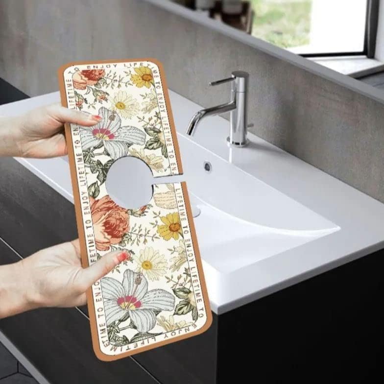 2PCS Fantasy Style Faucet Draining Mat, Faucet Draining Mat for Kitchen Sink, Self Absorbent Draining Mat for Kitchen Counter, Faucet Splash Catcher for Bathroom & Kitchen (A)