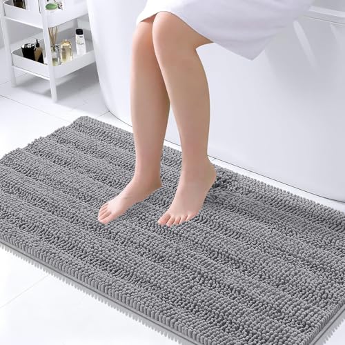 OLANLY Thick Large Bathroom Rugs 45x27, Soft Chenille Bath Rugs, Grey | Absorbent Striped, Rubber Backing, Machine Wash Dry, Bath Mats for Bathroom Floor, Tub and Shower, Home Decor Accessories - color: Grey, size: 45" X 27"