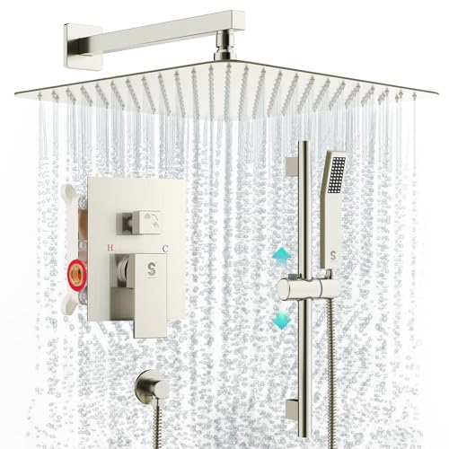 SR SUN RISE 12 Inch Square Shower System with Slide Bar,Brushed Nickel | Rain Head and Handle System,16" Adjustable Shower Slide Bar,Soild Brass,Wall Mount,Included Valve and Trim Kit - color: Brushed Nickel, size: 12 Inch