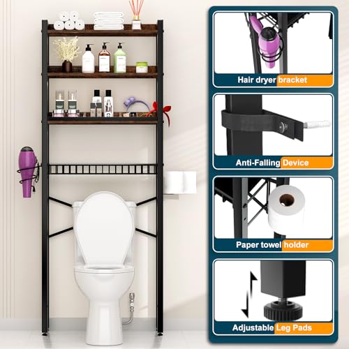 Over The Toilet Storage Cabinet,4 Tier Bathroom Organizers and Storage With Adjustable Shelf Waterproof Feet Pad and Basket ,Multifunctional Space Saver Freestanding Bathroom Shelves With Dividers - color: Brown