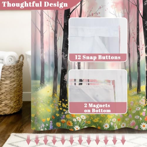 No Hook Woodland Shower Curtain with Snap in Liner, 71x74 Inch | Mesh Top & Double Layer Waterproof Bath Curtain, Whimsical Pink Blossom Trees & Wildflower Meadow Design for Girls Bathroom - color: Trees and Wildflowers