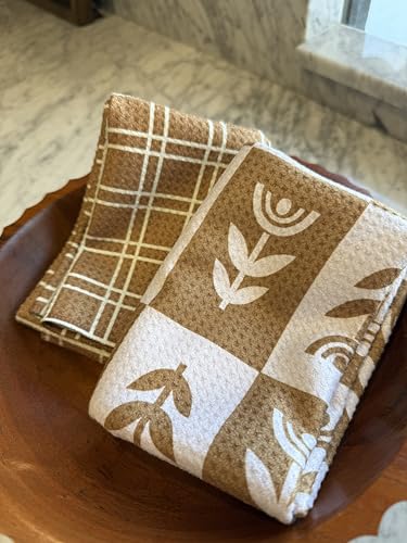 Kitchen Towels, Dish Towels for Kitchen, 2 Pc Kitchen Towel Set | Microfiber Waffle Towels, 16 x 26 inches, with Hanging Loops, Reusable Tea Towels, Cute Kitchen Towels - 2 Pack - color: Tan Checkered