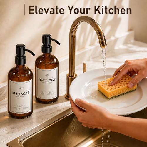 Fachixy Amber Glass Soap Dispenser 2 Pack, 16 Fl Oz, 14 Waterproof Labels | Leak-Resistant Stainless Steel Pump, Non-Slip Pad, Hand & Dish Soap Dispenser Bottles Set for Kitchen and Bathroom - color: Brown