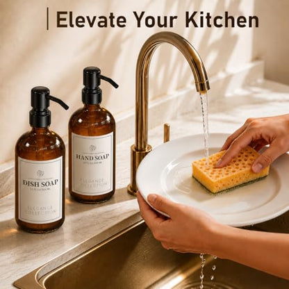 Fachixy Amber Glass Soap Dispenser 2 Pack, 16 Fl Oz, 14 Waterproof Labels | Leak-Resistant Stainless Steel Pump, Non-Slip Pad, Hand & Dish Soap Dispenser Bottles Set for Kitchen and Bathroom - color: Brown