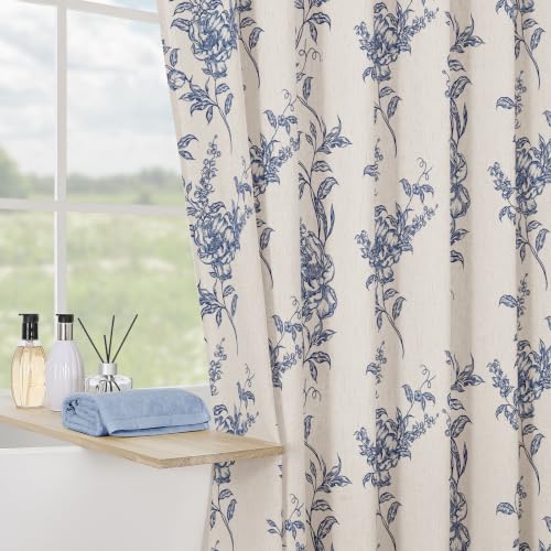 Blue Linen Farmhouse Shower Curtain, Boho Floral Bathroom 36x72 | French cottage rustic bath styling, poly-linen blend, soft breathable weave, reinforced grommets, washable non-fading print - color: Blue, size: 36"W x 72"L (Pack of 1)