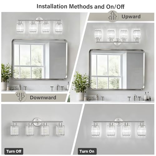 4 Light Bathroom Light Fixtures, Modern Crystal Vanity Lights over Mirror | Metal Frame, Bathroom Light with Square Crystal Shade, ETL Certified, E26 Ceramic Socket, Bulbs Not Included - color: Brushed Nickel, size: 4-Light