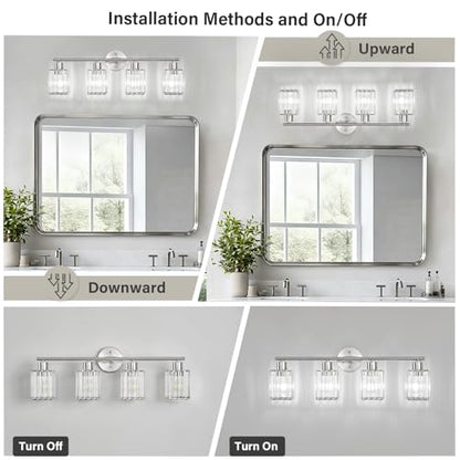 4 Light Bathroom Light Fixtures, Modern Crystal Vanity Lights over Mirror | Metal Frame, Bathroom Light with Square Crystal Shade, ETL Certified, E26 Ceramic Socket, Bulbs Not Included - color: Brushed Nickel, size: 4-Light