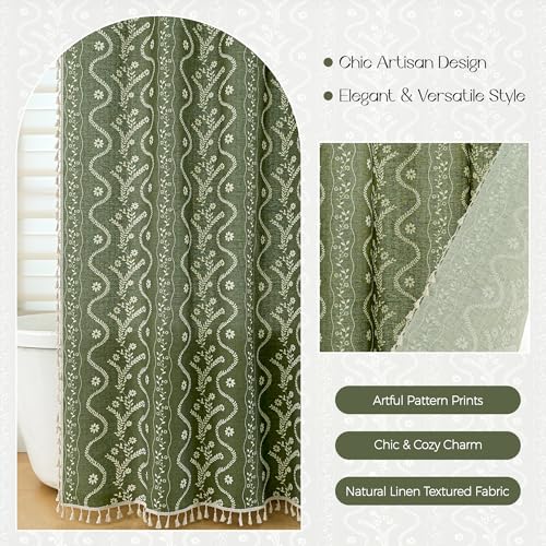 Olive Green Floral Linen Shower Curtain Set with Liner,72" Wx72 L | Double Layer Shower Curtain Waterproof Fabric with Zippered Removable PEVA Liner,Boho Shower Curtain for Bathroom,Free Hooks - color: Green Floral