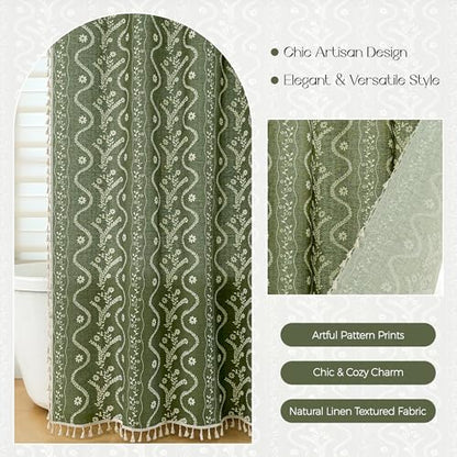 Olive Green Floral Linen Shower Curtain Set with Liner,72" Wx72 L | Double Layer Shower Curtain Waterproof Fabric with Zippered Removable PEVA Liner,Boho Shower Curtain for Bathroom,Free Hooks - color: Green Floral