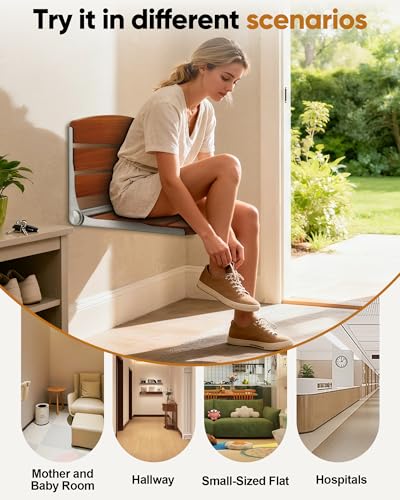 Folding Shower Seat Chair for Inside Shower Wall Mounted for Small Spaces | Teak wood & stainless steel, folds flat to 2", 400lb capacity, safety pinch-proof design for bathroom/sauna/dressing.
