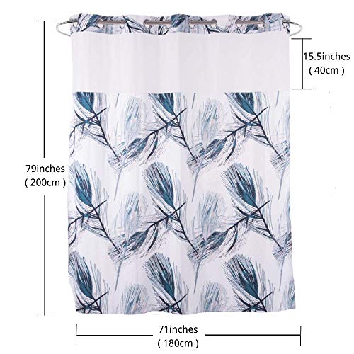 Long 71x79 Fabric No Hooks Shower Curtain with Polyester Snap-in Liner –100% Waterproof Machine Washable Top See Through Mesh Window Blue - color: Feather, size: 71"W x 79"L (Pack of 1)