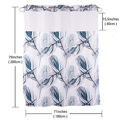 Long 71x79 Fabric No Hooks Shower Curtain with Polyester Snap-in Liner –100% Waterproof Machine Washable Top See Through Mesh Window Blue - color: Feather, size: 71"W x 79"L (Pack of 1)