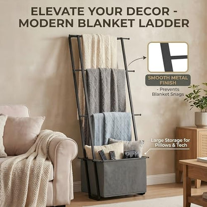 2-in-1 Leaning Blanket Ladder with Storage Basket, Matte Black Metal Towel Rack Stand, Drill-Free Space Saving Organizer for Bathroom & Bedroom Throws, 63" - color: Black With Bag