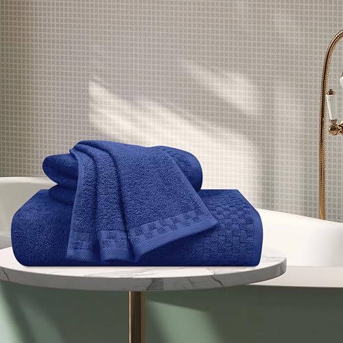 MyOwn Ultra Soft 3 Pack Cotton Towel Set, Contains a Bath Towels 28x55 inch, a Hand Towels 16x24 inch & a Wash Coths 12x12 inch, Ideal Everyday use, Compact & Lightweight - Navy Blue - color: Navy Blue, size: 3 Pack Set