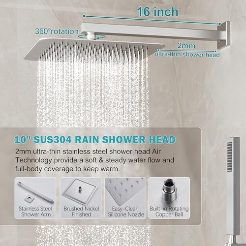 10" Rain Shower System with Handheld & Valve, Brushed Nickel | Wall-Mounted High-Pressure Shower Faucet Combo Set, 10-Inch Rain Shower Head with Handheld Spray,Includes Valve and Trim Kit - color: Brushed Nickel 10