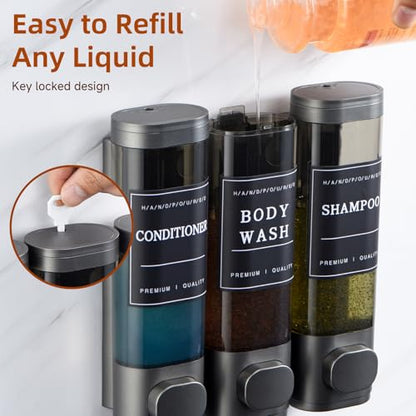 Shampoo and Conditioner Dispenser,Shower Soap Dispenser 3 Chamber No Drill Wall-Mounted for Bathroom & Hotel Leak-Proof Pumps, for Thick Liquids Like Conditioner - 1050ML High Capacity, Gun Gray - color: Gun Gray