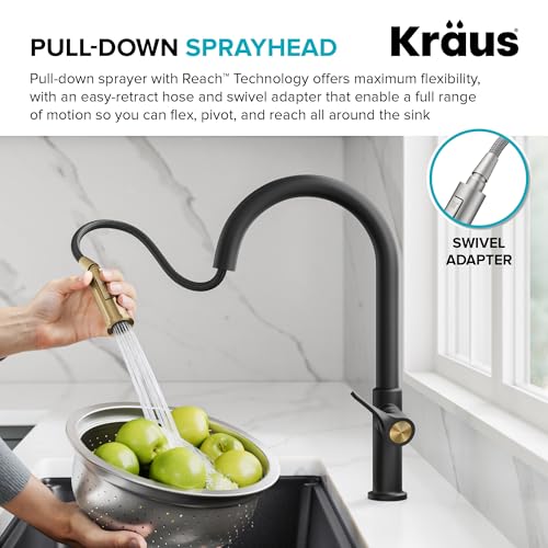 KRAUS Torak Pull Down Kitchen Faucet in Spot-Free Brushed Brass/Matte Black with 2 Function Sprayer, Pre-Attached Water Lines, and Mounting Hardware, KPF-2840SFBBMB - color: Spot Free Brushed Brass/Matte Black, style: Pull-Down Faucet