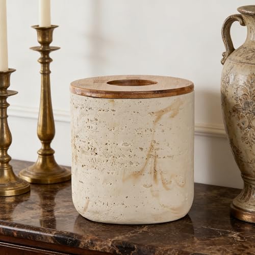 Natural Travertine Textures Beige Mini Trash Can with Bamboo Lid,Small Countertop Trash Can for Bathroom, Kitchen, Vanity, Desk Trash Can,Table Top Mini Garbage Can for Dining Room, Tiny Waste Basket - color: Mini Yellow