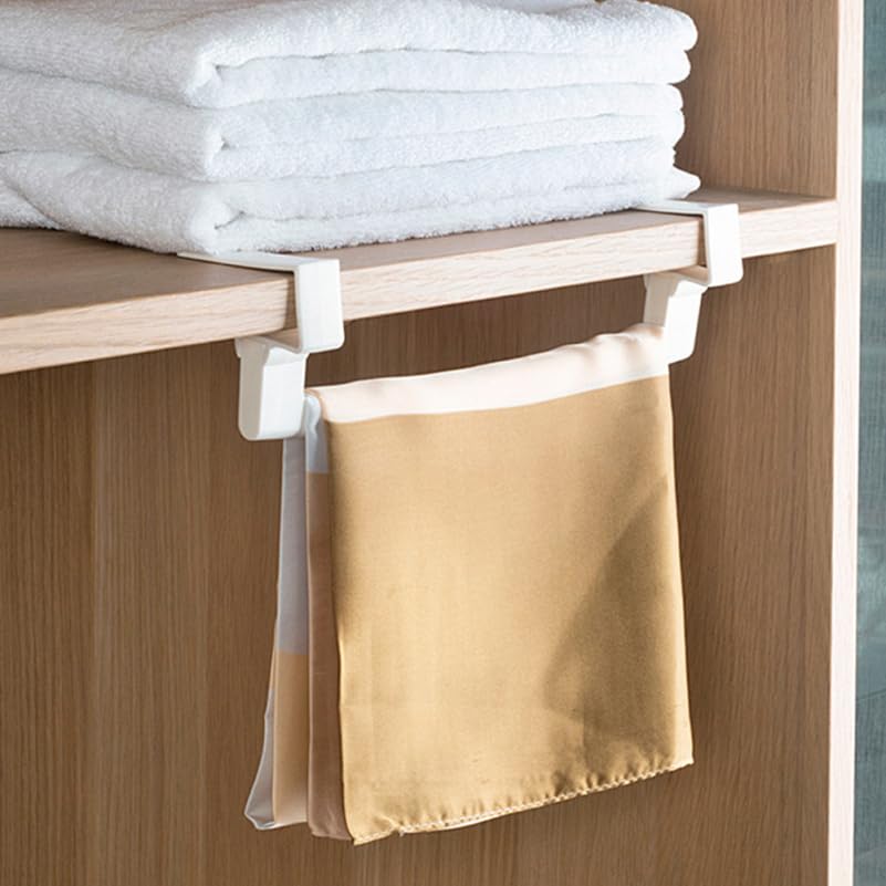 KALLORY 2pcs No Drill Towel Rack Buckle Bar, Removable Punch-Free Cabinet Door Hanging Towel Holder Organizer for Kitchen and Bathroom, White
