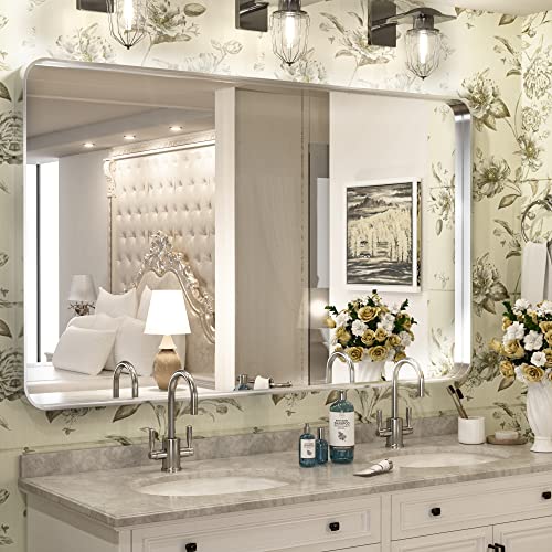 48 x 30 Inch Brushed Silver Bathroom Mirror for Wall Brushed Brass Metal Rounded Corner Rectangle Mirror Metal Frame Deep Set Design Hangs Horizontal Or Vertical - color: Brushed Silver, size: 30"L x 48"W, style: Rectangle