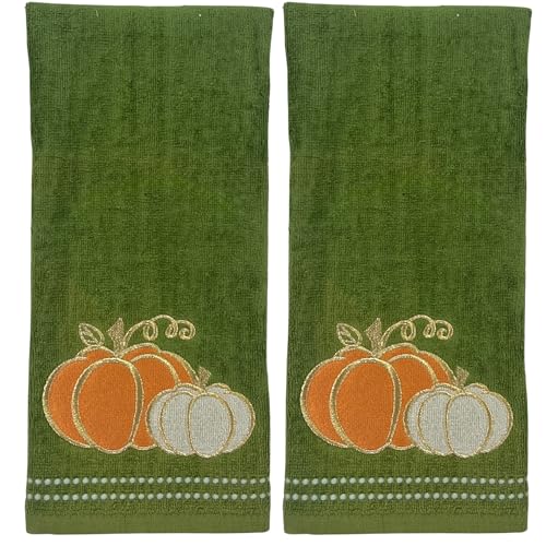 Serafina Home Harvest Autumn Farmhouse Fall Hand Towels for Bathroom: Forest Dark Green Orange Gold White Pumpkins with Stitched Border Design, Set of 2, 100% Cotton, 16" x 25" Bath & Kitchen Decor - color: Boho Pumpkins
