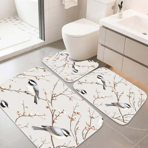 Cute Modern Bird Nature Bathroom Rugs and Mats Sets 3 Piece, Memory Foam Bath Mat, U-Shaped Contour Shower Mat Non Slip Absorbent, Velvet Washable 20 x 31 inch White - color: Color22