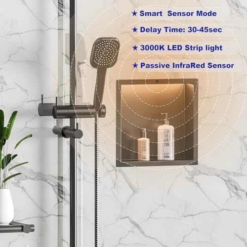 Smart Body Sensor Shower Niche, Black 12"x12" | Recessed Wall Niche with White 3000K LED Light , Waterproof &Rustproof, 304 Stainless Steel Bathroom Cabinet - size: 12X12In