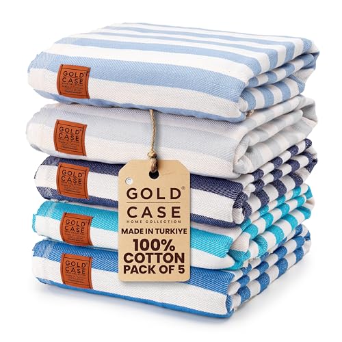 Gold CASE Turkish Beach Towel Set of 5 – 100% Cotton Beach Towels Oversized 70x38'' – MYRA Quick Dry Swim Towel – Lightweight Turkish Towels Set in Blue - color: Tones of Blue, size: Beach-Bath Towel Set of 5