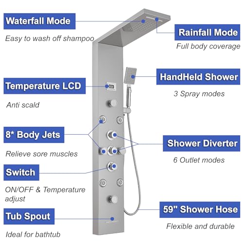 6 IN 1 Shower Panel Tower System Stainless Steel Wall Mounted | Rainfall Waterfall Shower Head,Two Mode Body Jets,Waterfall Tub Spout,with Temperature Display,Brushed Nickel and Chrome - color: Brushed Nickel and Chrome
